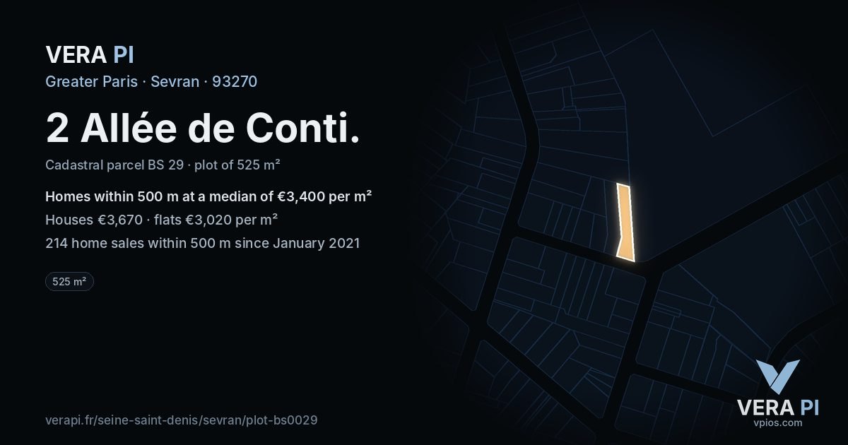 2 Allée de Conti, Sevran at night – the plot lit, the parcels around coloured by the prices near them