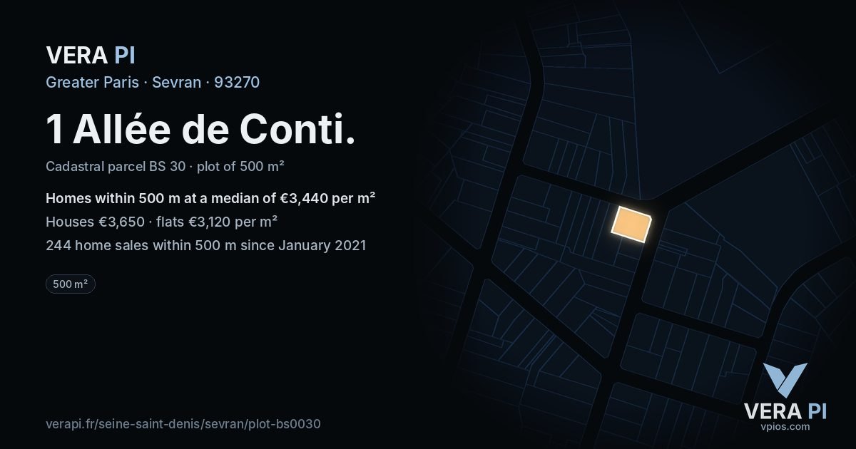 1 Allée de Conti, Sevran at night – the plot lit, the parcels around coloured by the prices near them
