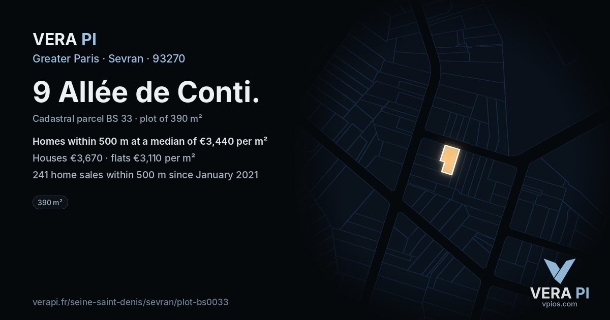 9 Allée de Conti, Sevran at night – the plot lit, the parcels around coloured by the prices near them