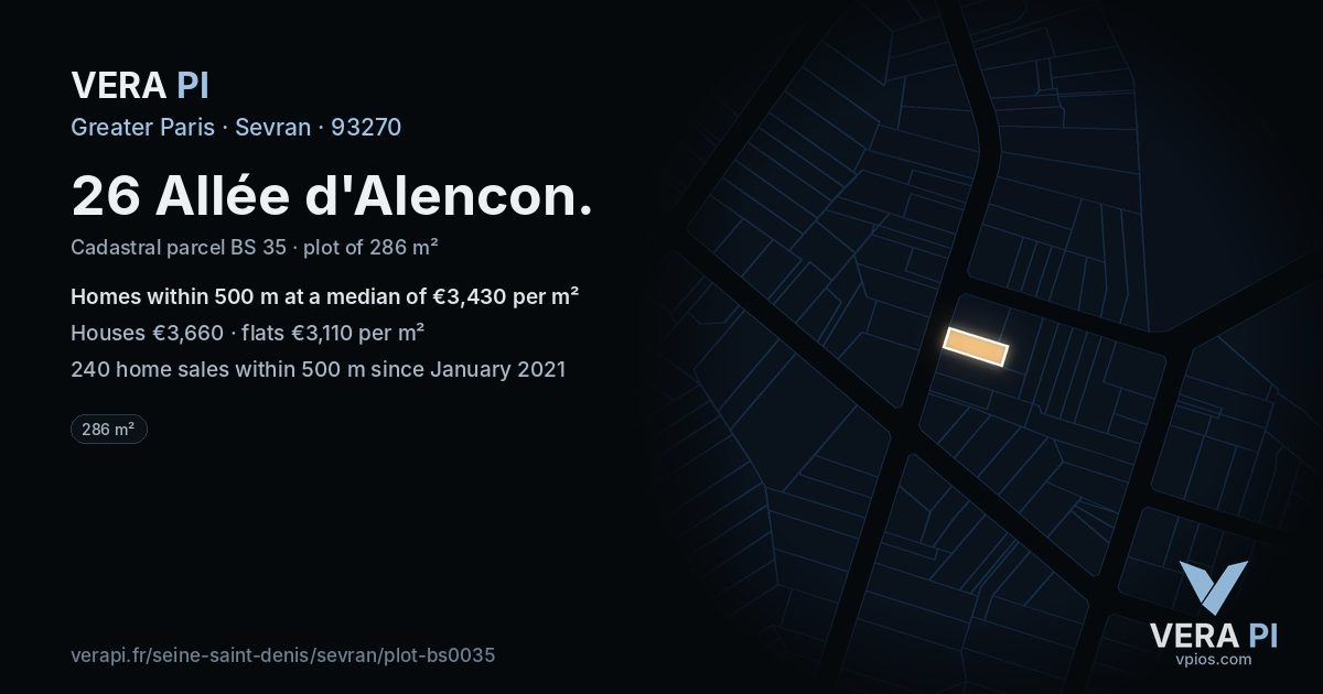 26 Allée d'Alencon, Sevran at night – the plot lit, the parcels around coloured by the prices near them