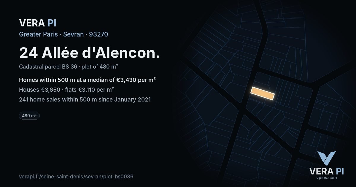 24 Allée d'Alencon, Sevran at night – the plot lit, the parcels around coloured by the prices near them