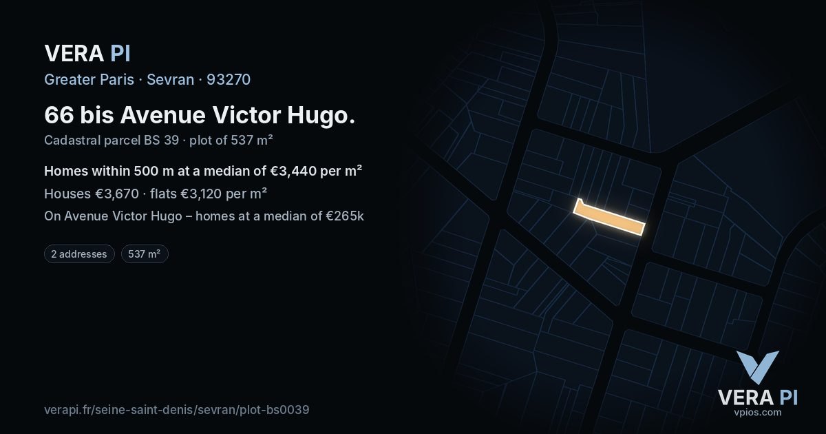 66 bis Avenue Victor Hugo, Sevran at night – the plot lit, the parcels around coloured by the prices near them