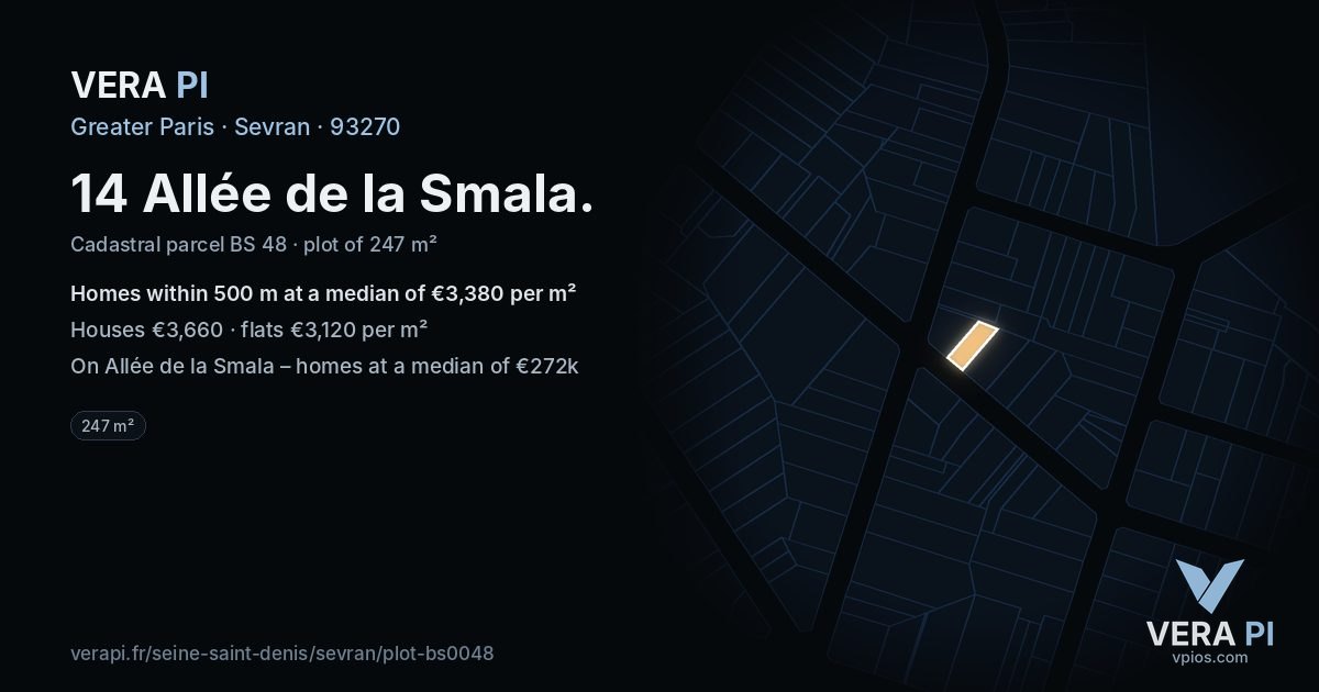 14 Allée de la Smala, Sevran at night – the plot lit, the parcels around coloured by the prices near them
