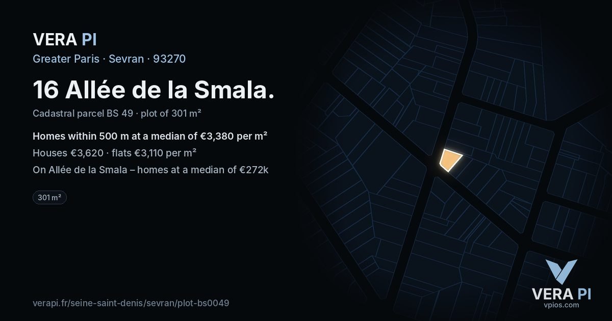 16 Allée de la Smala, Sevran at night – the plot lit, the parcels around coloured by the prices near them