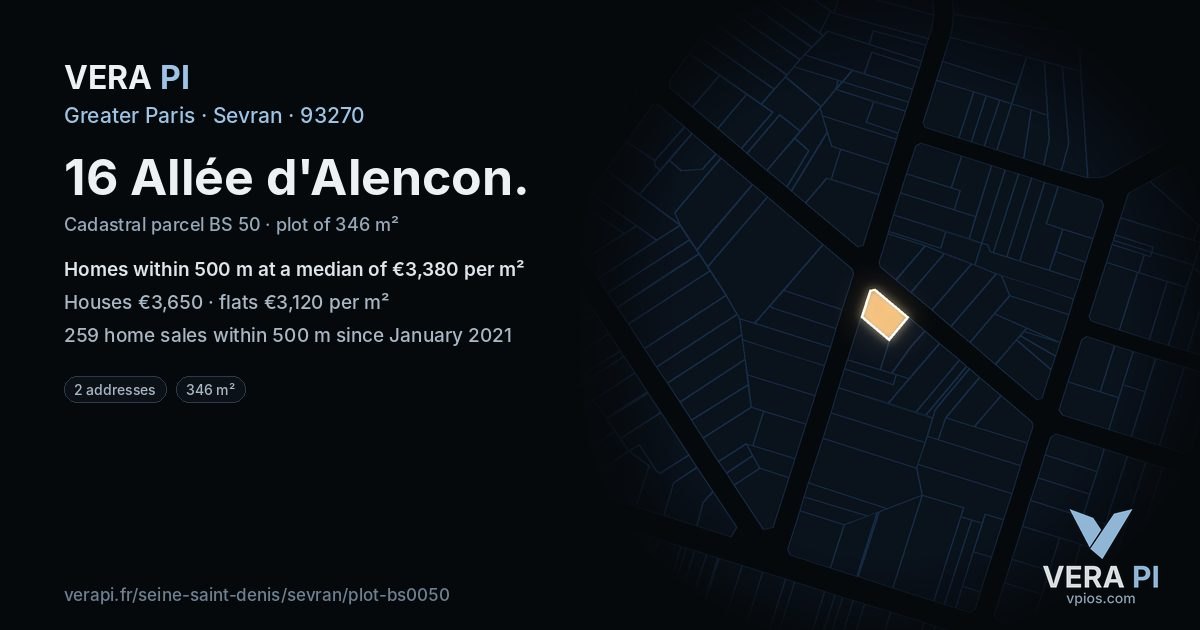 16 Allée d'Alencon, Sevran at night – the plot lit, the parcels around coloured by the prices near them