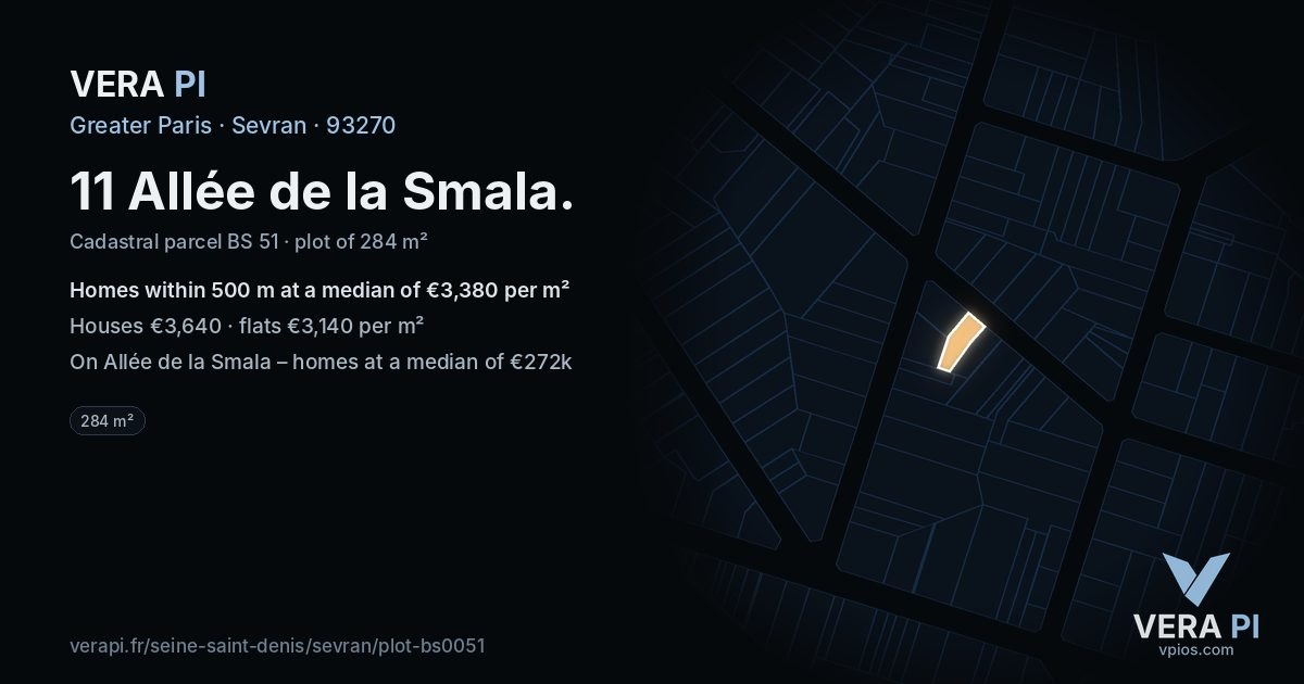 11 Allée de la Smala, Sevran at night – the plot lit, the parcels around coloured by the prices near them