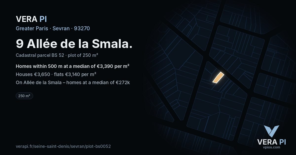 9 Allée de la Smala, Sevran at night – the plot lit, the parcels around coloured by the prices near them