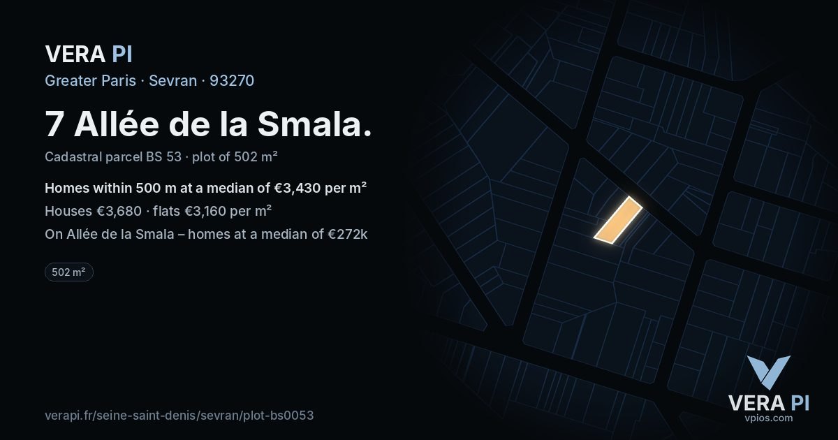 7 Allée de la Smala, Sevran at night – the plot lit, the parcels around coloured by the prices near them