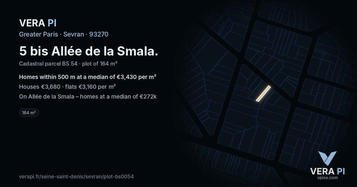 5 bis Allée de la Smala, Sevran at night – the plot lit, the parcels around coloured by the prices near them
