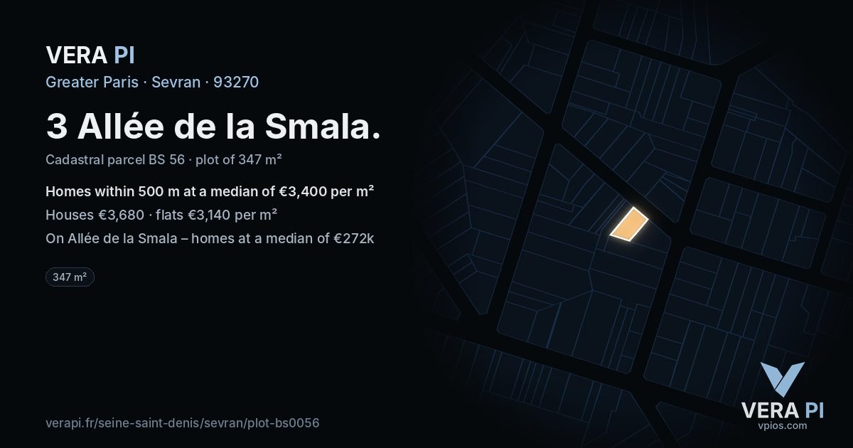 3 Allée de la Smala, Sevran at night – the plot lit, the parcels around coloured by the prices near them