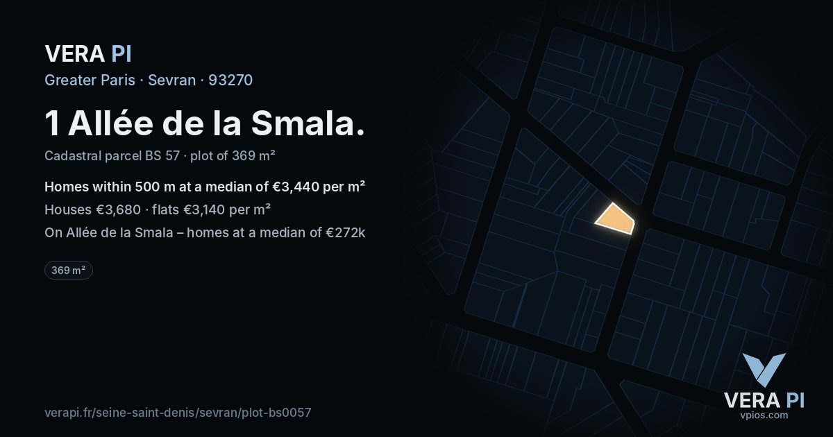 1 Allée de la Smala, Sevran at night – the plot lit, the parcels around coloured by the prices near them