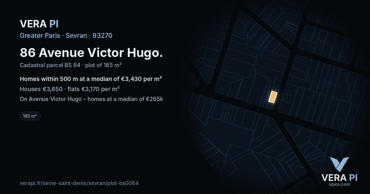 86 Avenue Victor Hugo, Sevran at night – the plot lit, the parcels around coloured by the prices near them