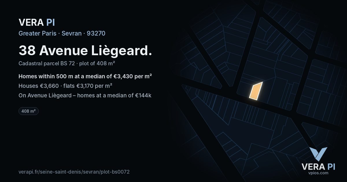 38 Avenue Liègeard, Sevran at night – the plot lit, the parcels around coloured by the prices near them