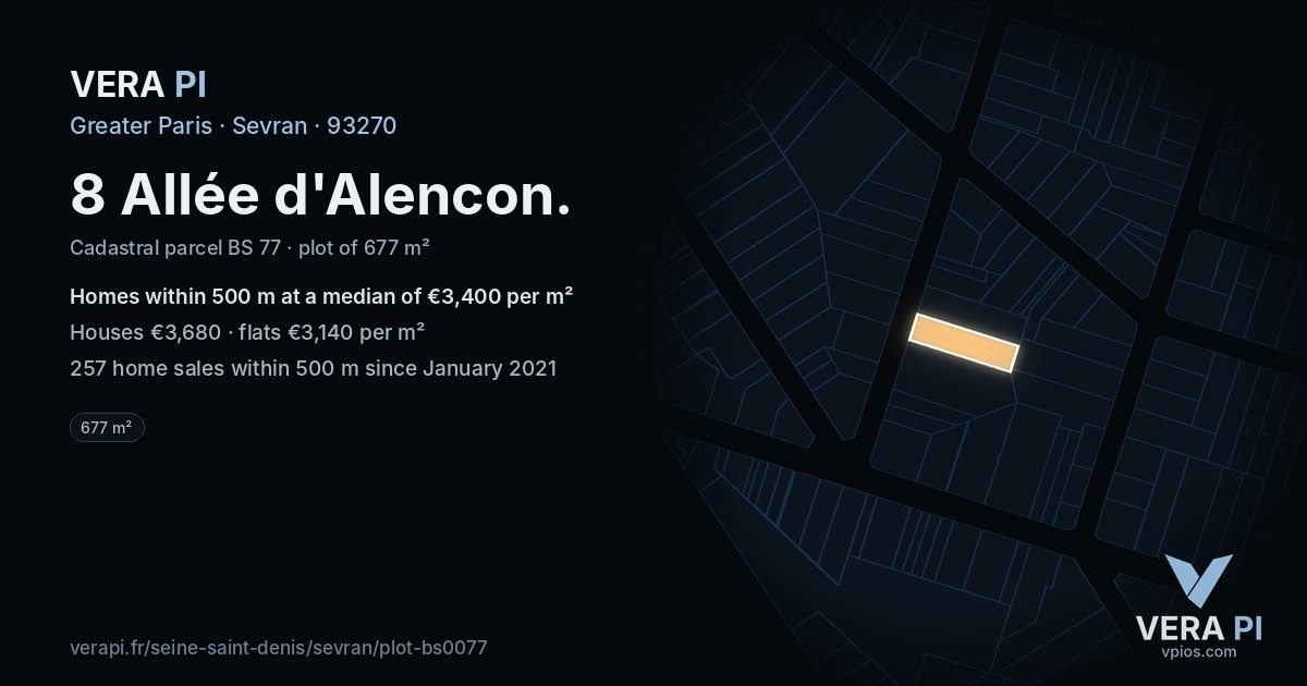 8 Allée d'Alencon, Sevran at night – the plot lit, the parcels around coloured by the prices near them