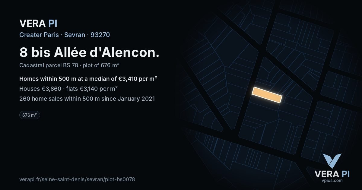 8 bis Allée d'Alencon, Sevran at night – the plot lit, the parcels around coloured by the prices near them