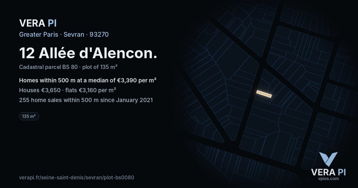 12 Allée d'Alencon, Sevran at night – the plot lit, the parcels around coloured by the prices near them
