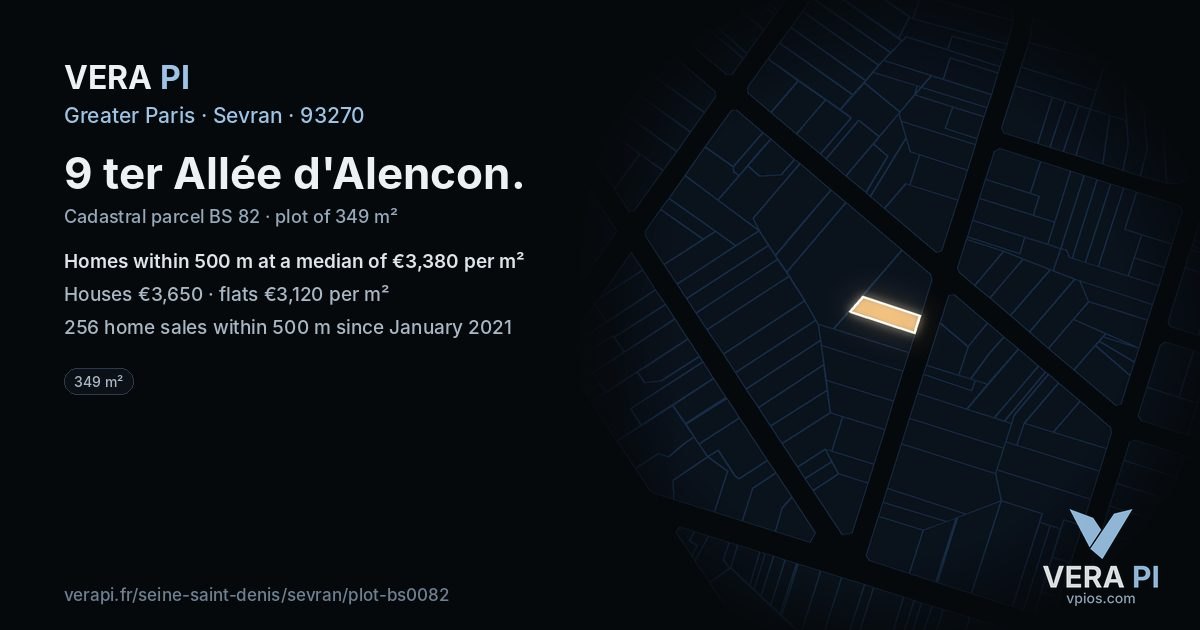 9 ter Allée d'Alencon, Sevran at night – the plot lit, the parcels around coloured by the prices near them