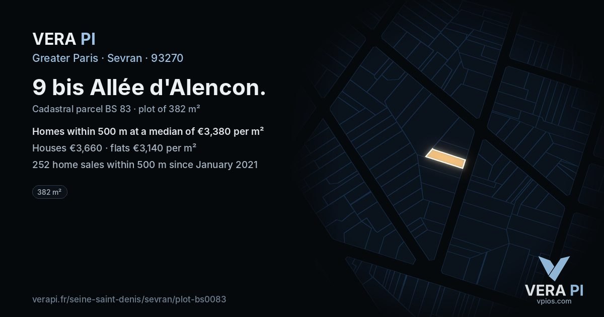 9 bis Allée d'Alencon, Sevran at night – the plot lit, the parcels around coloured by the prices near them