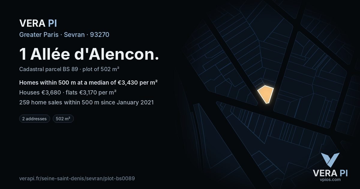 1 Allée d'Alencon, Sevran at night – the plot lit, the parcels around coloured by the prices near them