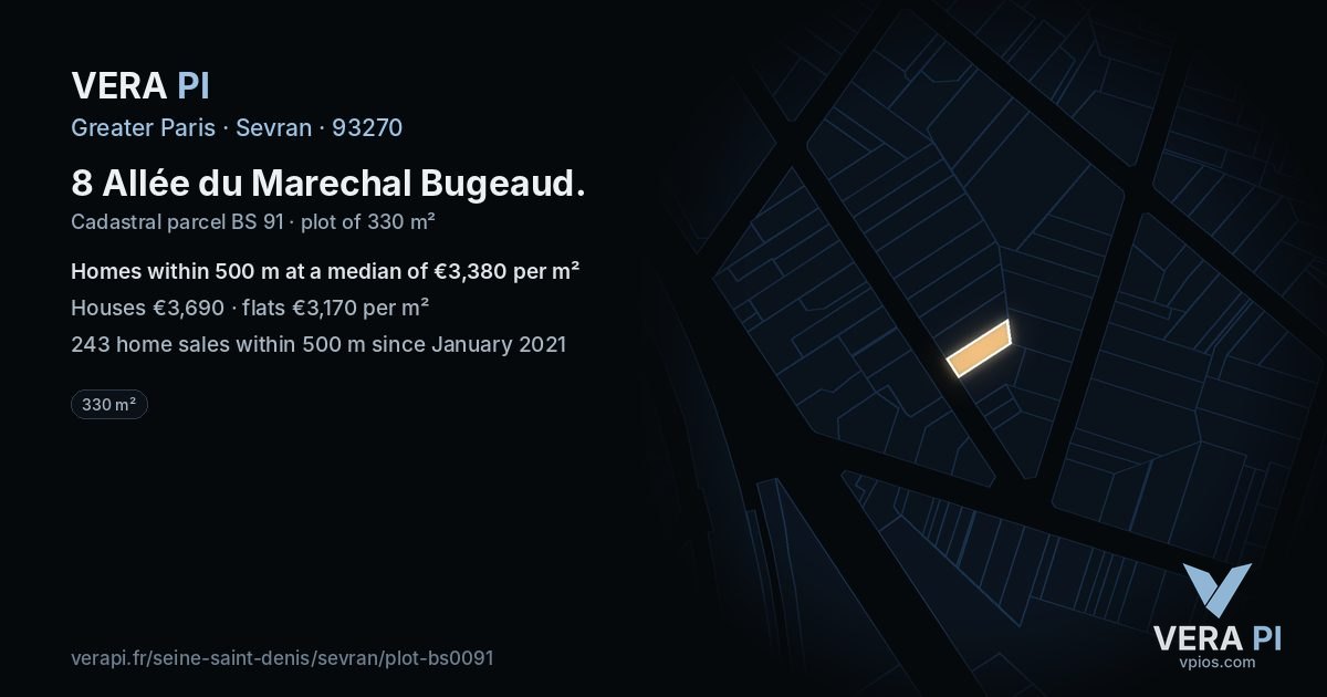 8 Allée du Marechal Bugeaud, Sevran at night – the plot lit, the parcels around coloured by the prices near them