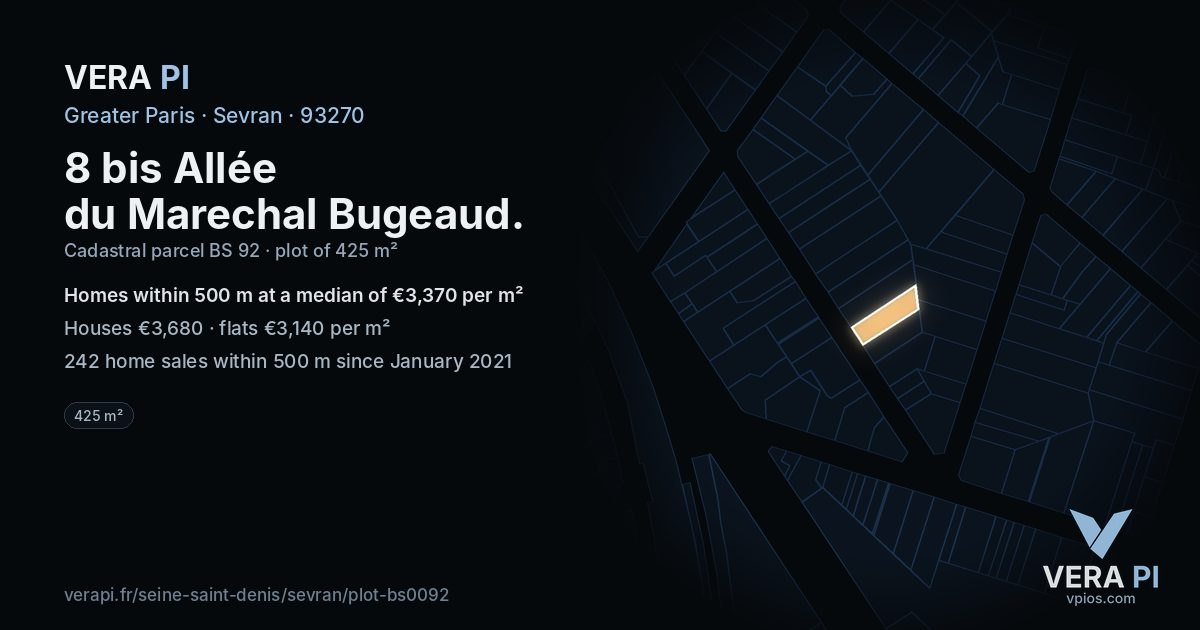 8 bis Allée du Marechal Bugeaud, Sevran at night – the plot lit, the parcels around coloured by the prices near them