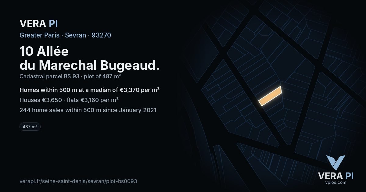 10 Allée du Marechal Bugeaud, Sevran at night – the plot lit, the parcels around coloured by the prices near them
