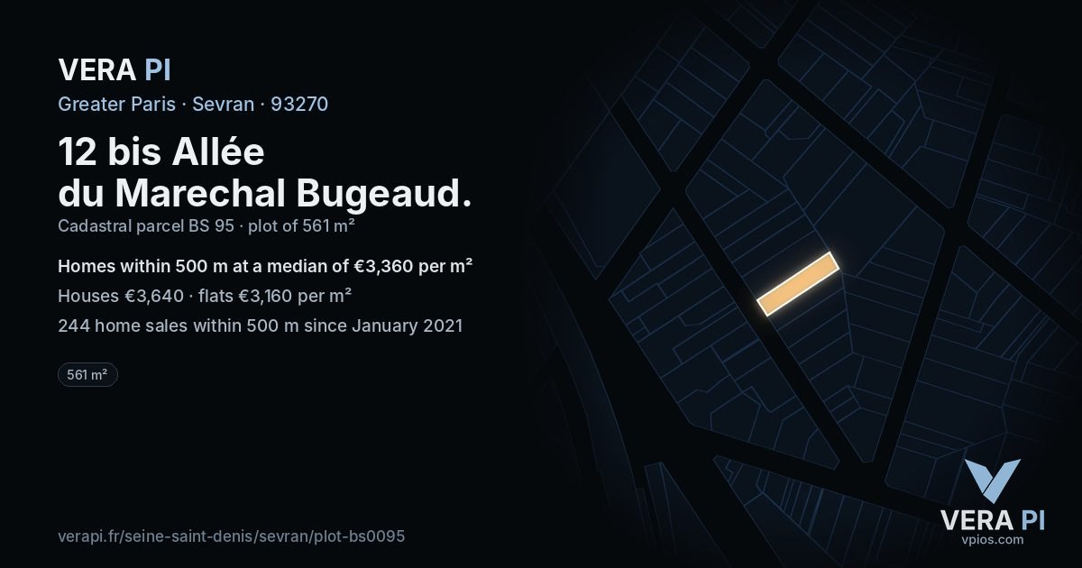 12 bis Allée du Marechal Bugeaud, Sevran at night – the plot lit, the parcels around coloured by the prices near them