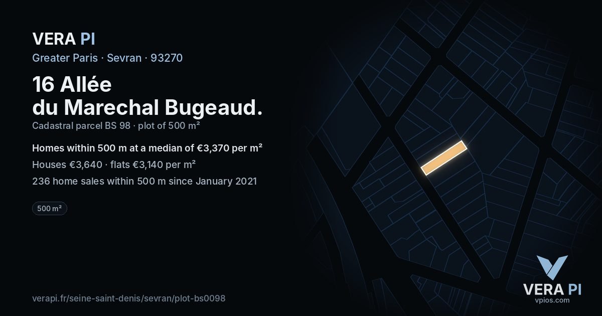 16 Allée du Marechal Bugeaud, Sevran at night – the plot lit, the parcels around coloured by the prices near them