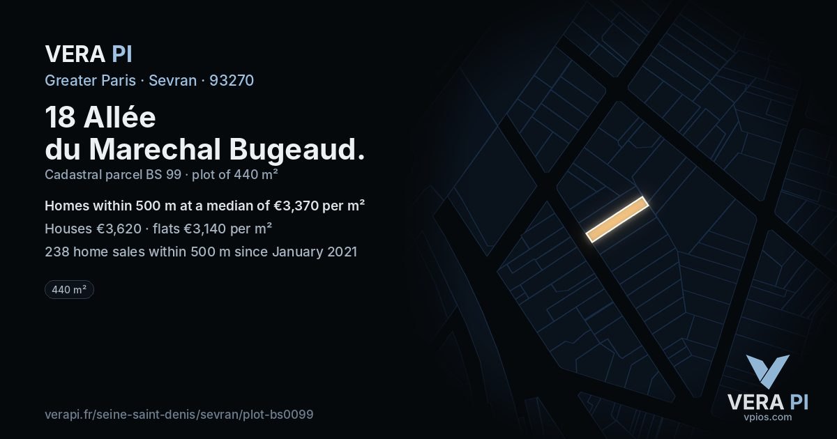 18 Allée du Marechal Bugeaud, Sevran at night – the plot lit, the parcels around coloured by the prices near them