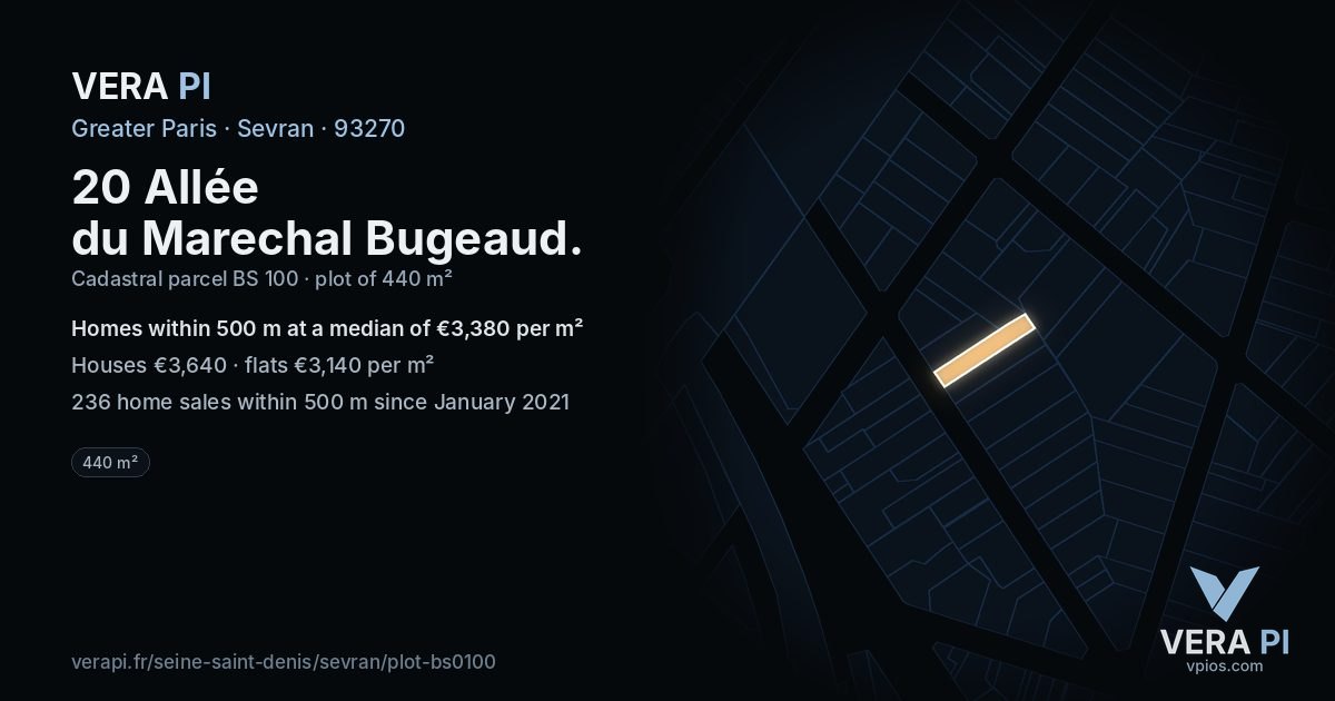 20 Allée du Marechal Bugeaud, Sevran at night – the plot lit, the parcels around coloured by the prices near them