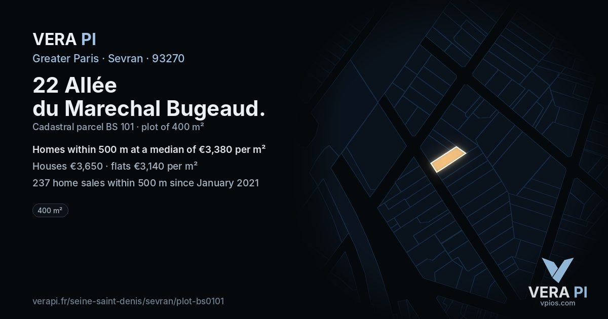 22 Allée du Marechal Bugeaud, Sevran at night – the plot lit, the parcels around coloured by the prices near them