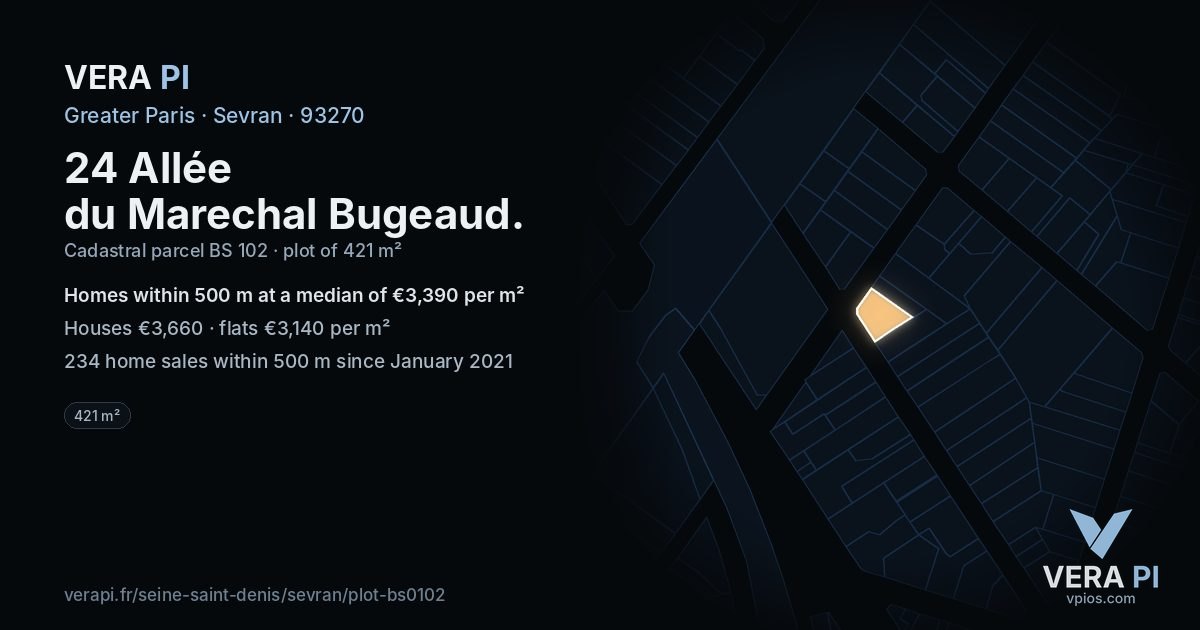 24 Allée du Marechal Bugeaud, Sevran at night – the plot lit, the parcels around coloured by the prices near them