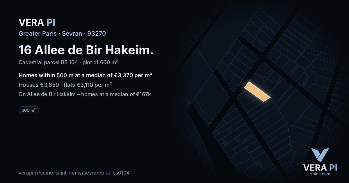 16 Allee de Bir Hakeim, Sevran at night – the plot lit, the parcels around coloured by the prices near them
