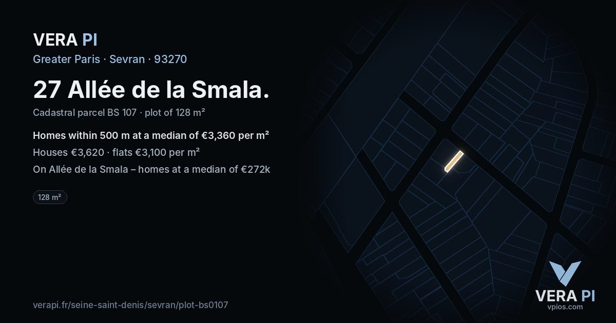 27 Allée de la Smala, Sevran at night – the plot lit, the parcels around coloured by the prices near them