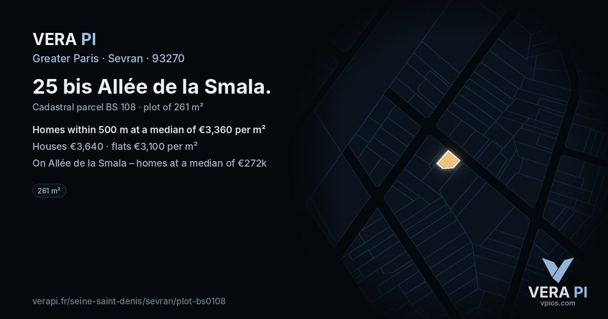 25 bis Allée de la Smala, Sevran at night – the plot lit, the parcels around coloured by the prices near them