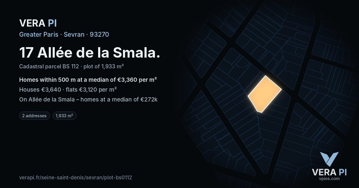 17 Allée de la Smala, Sevran at night – the plot lit, the parcels around coloured by the prices near them