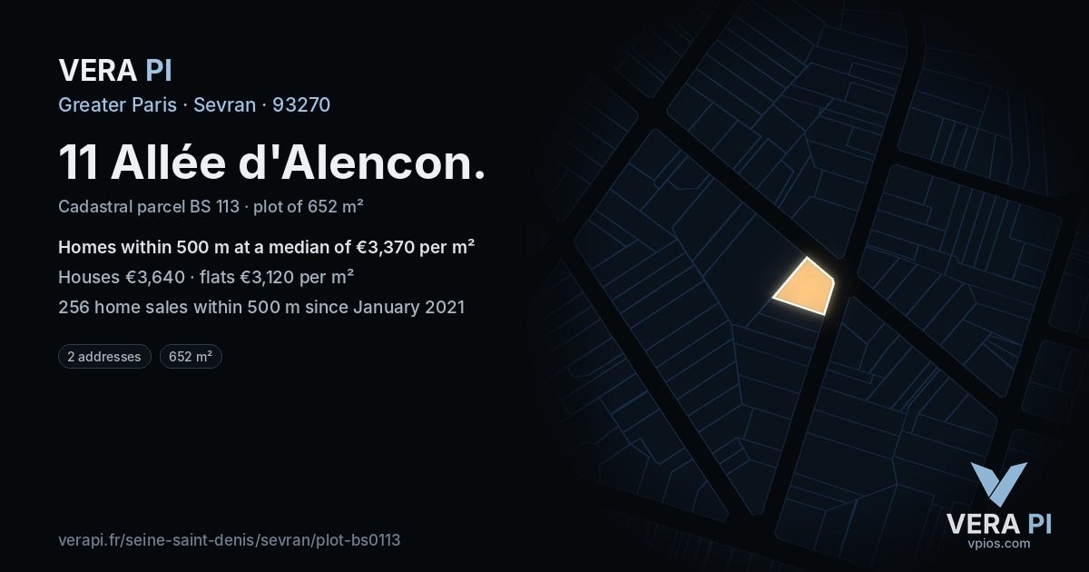11 Allée d'Alencon, Sevran at night – the plot lit, the parcels around coloured by the prices near them