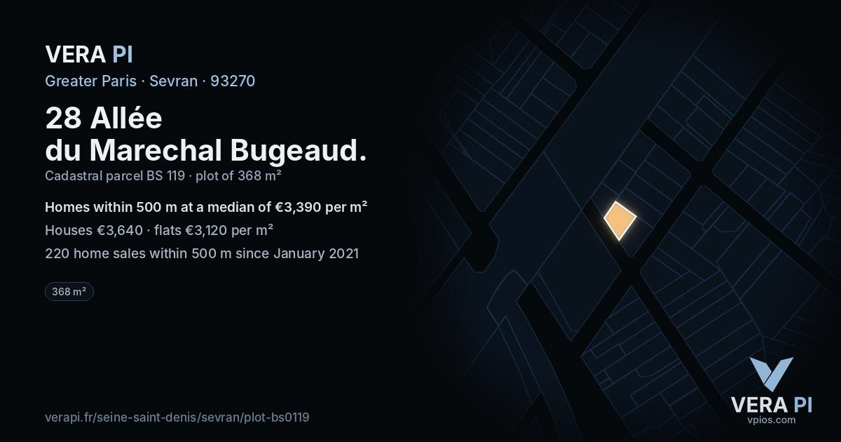 28 Allée du Marechal Bugeaud, Sevran at night – the plot lit, the parcels around coloured by the prices near them