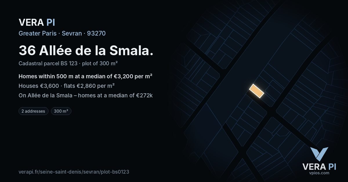 36 Allée de la Smala, Sevran at night – the plot lit, the parcels around coloured by the prices near them