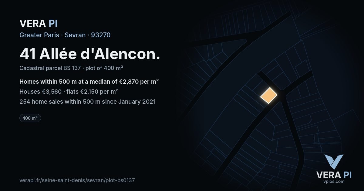 41 Allée d'Alencon, Sevran at night – the plot lit, the parcels around coloured by the prices near them