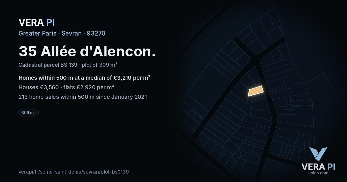35 Allée d'Alencon, Sevran at night – the plot lit, the parcels around coloured by the prices near them