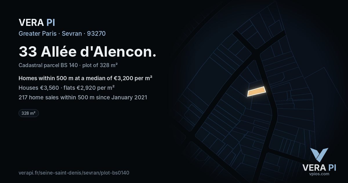 33 Allée d'Alencon, Sevran at night – the plot lit, the parcels around coloured by the prices near them