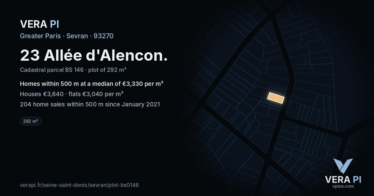 23 Allée d'Alencon, Sevran at night – the plot lit, the parcels around coloured by the prices near them