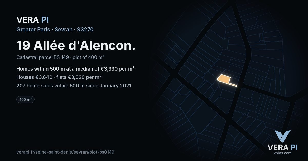 19 Allée d'Alencon, Sevran at night – the plot lit, the parcels around coloured by the prices near them