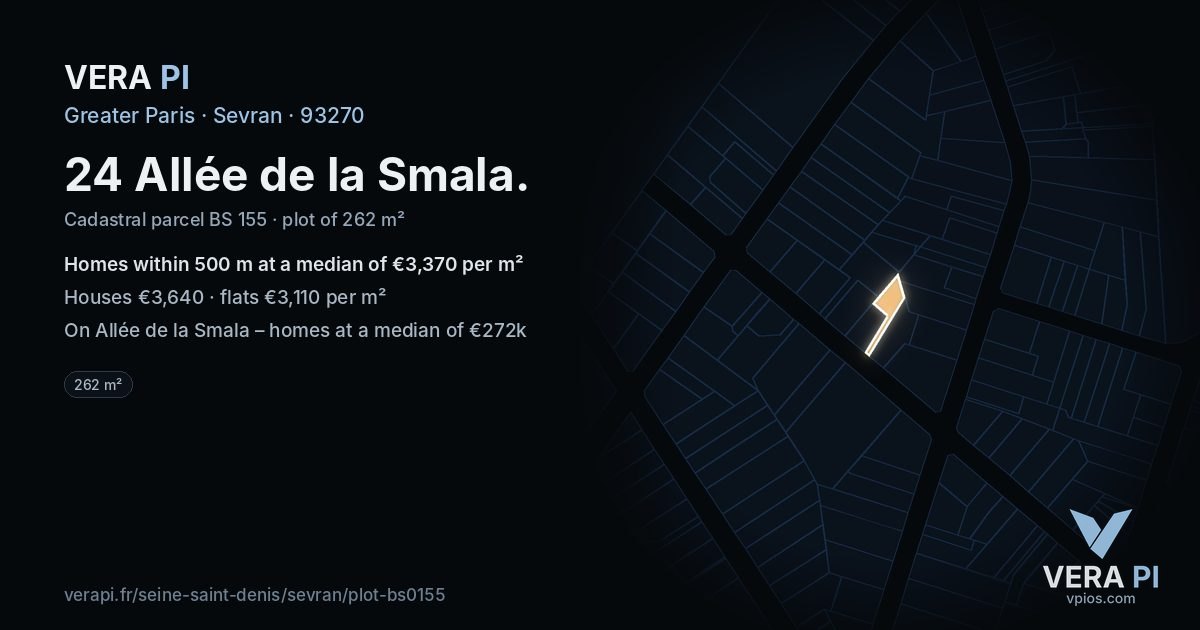 24 Allée de la Smala, Sevran at night – the plot lit, the parcels around coloured by the prices near them