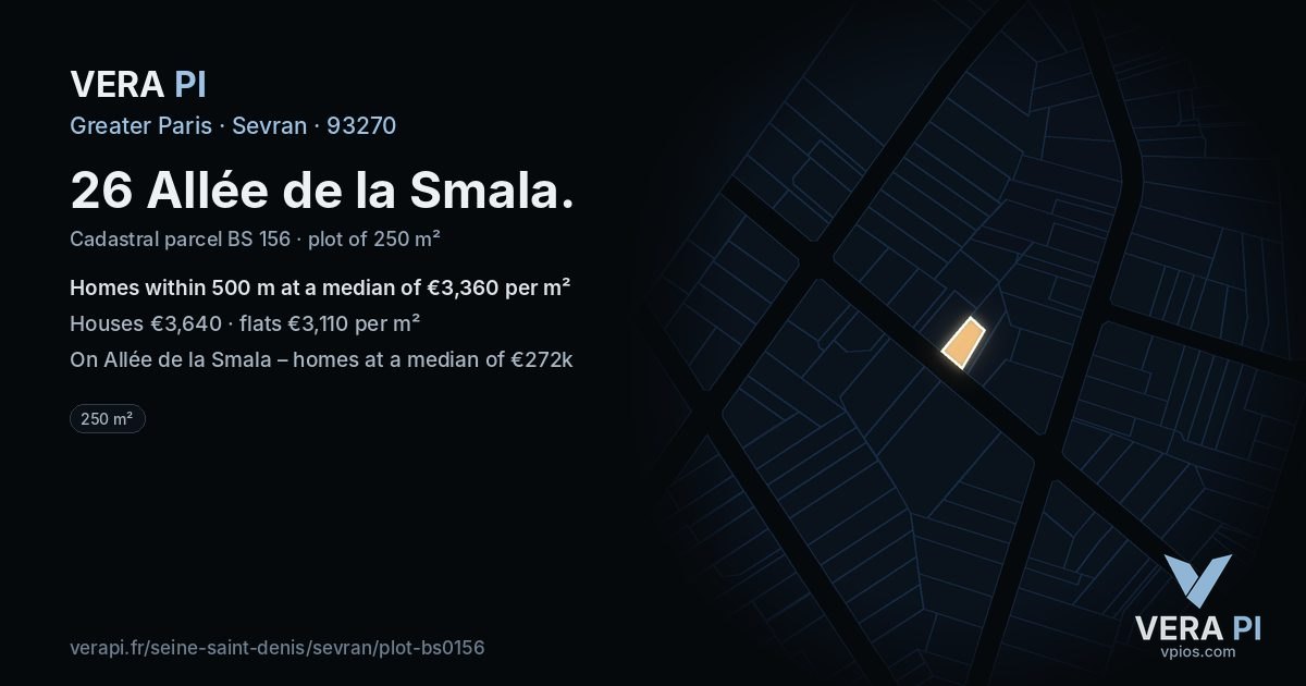 26 Allée de la Smala, Sevran at night – the plot lit, the parcels around coloured by the prices near them