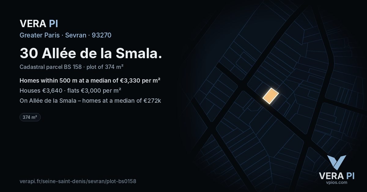 30 Allée de la Smala, Sevran at night – the plot lit, the parcels around coloured by the prices near them