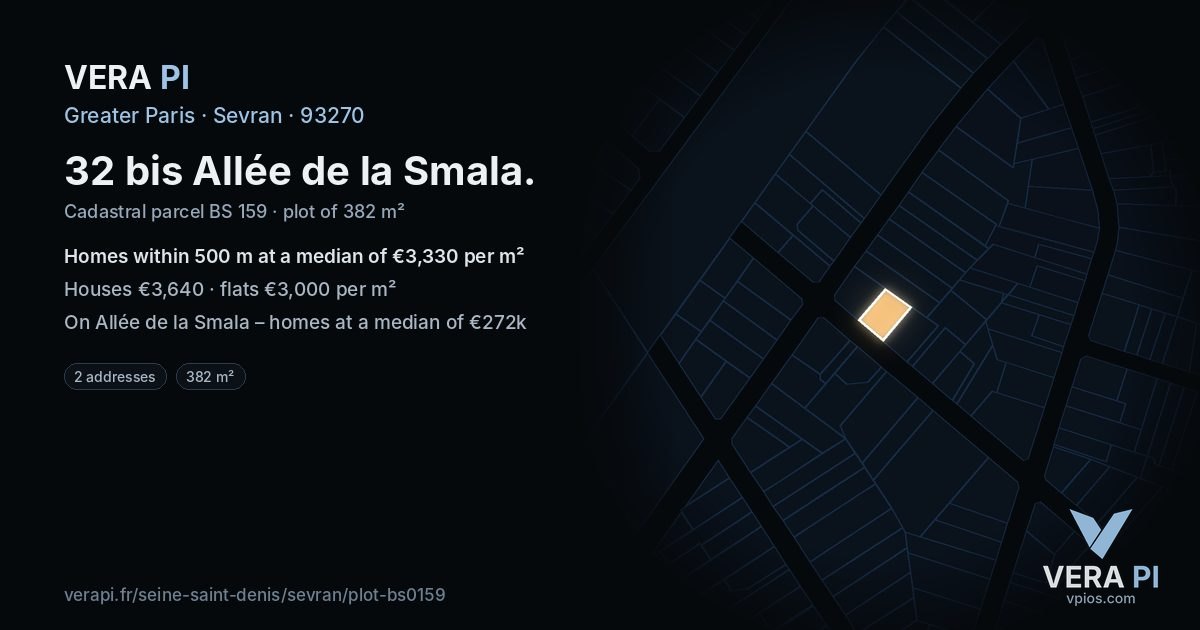 32 bis Allée de la Smala, Sevran at night – the plot lit, the parcels around coloured by the prices near them