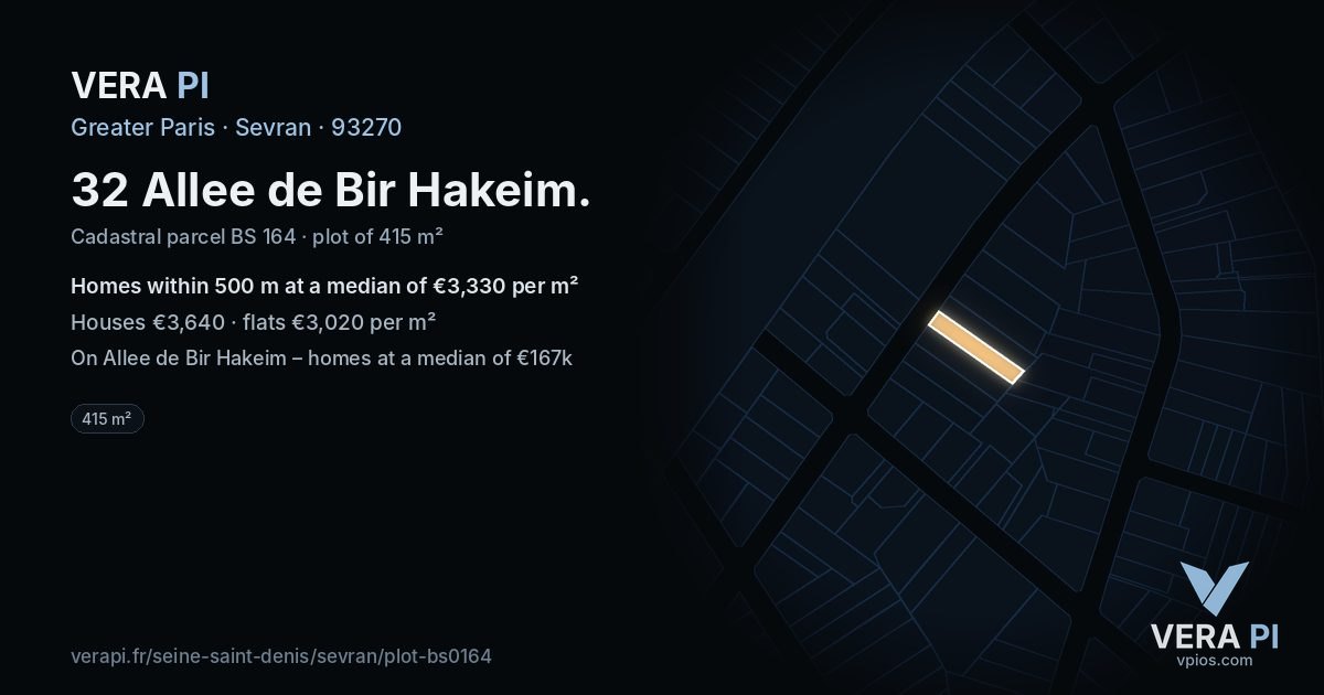 32 Allee de Bir Hakeim, Sevran at night – the plot lit, the parcels around coloured by the prices near them