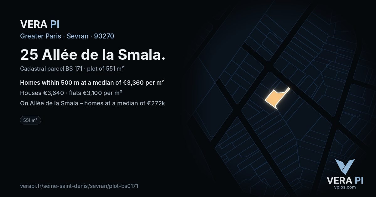 25 Allée de la Smala, Sevran at night – the plot lit, the parcels around coloured by the prices near them